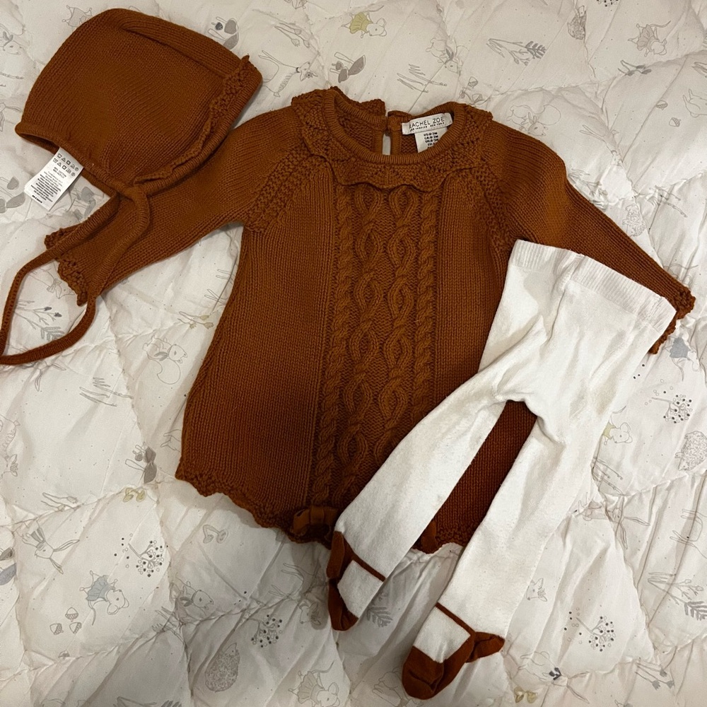 Rachel Zoe Burnt Orange Knitted Baby Sweater dress with leggings and bonnett - Picture 2 of 8